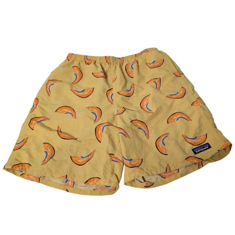 Patagonia Melon Printed 6” Baggies Mens Size XS Yellow Mesh Lined Swim Trunks
